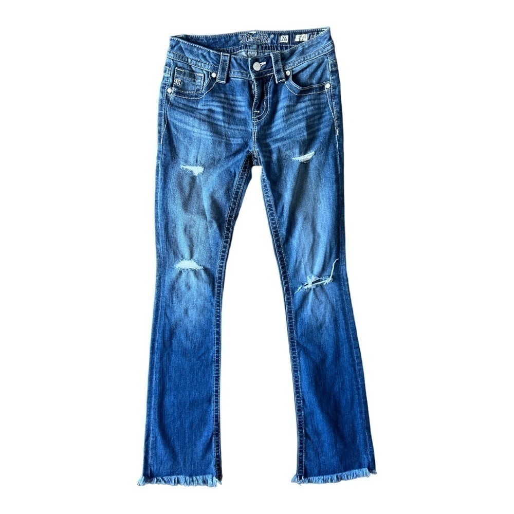 Miss Me Mid Rise Distressed Boot Cut Jeans Frayed Raw Hem, Size 26